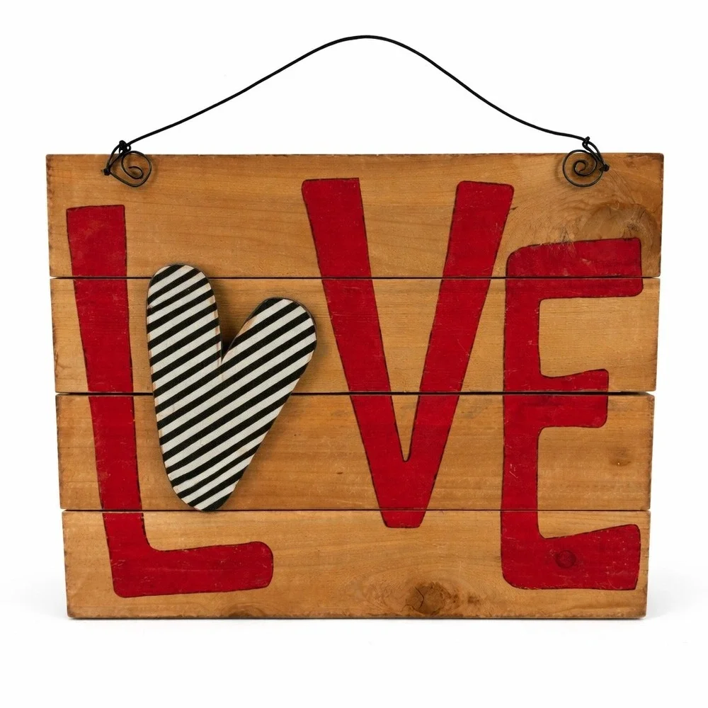 Rustic Wood Pallet LOVE Wall Art Red Black White Striped Heart 18x14 Home Decor